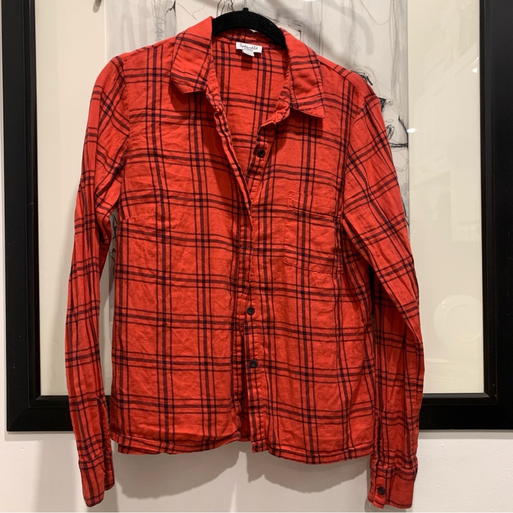 Splendid XS Red Plaid Button Up Oxford Shirt Fall Top Anthropologie Small